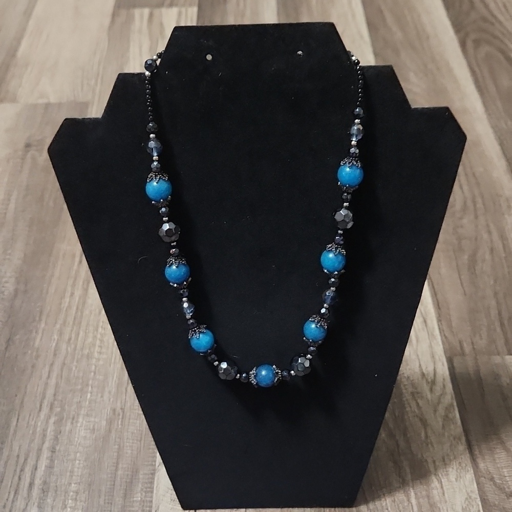 Black and Blue Beaded Statement Piece Necklace Vintage